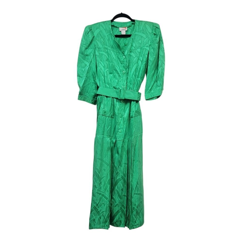 Vintage 80s Nilani 100% Silk Midi Shirt Dress Emerald Green Belted  Size 11/12